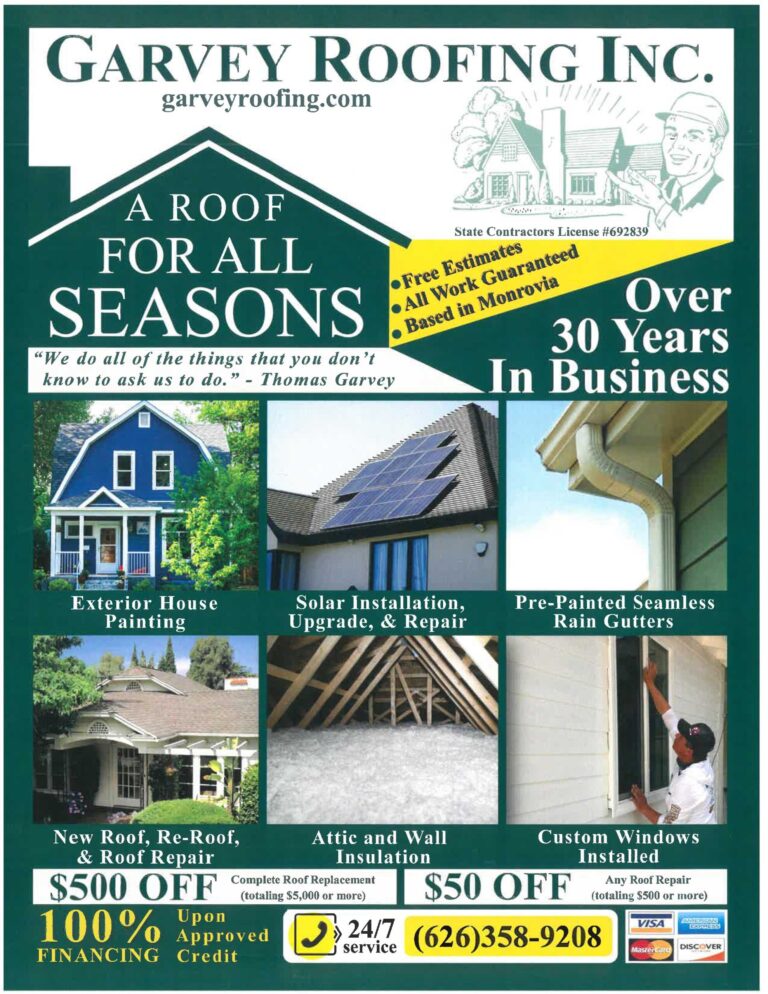 Garvey Roofing's a roof for all seasons flyer showing a collage of homes