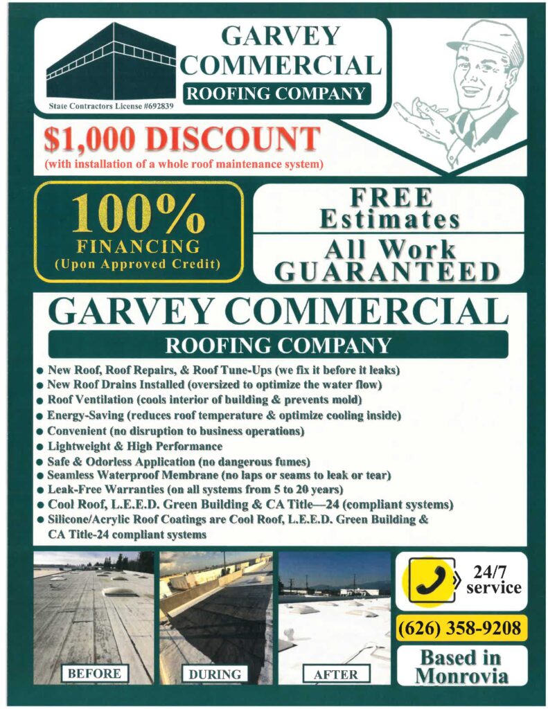 Garvey Roofing information flyer with discount and estimate info