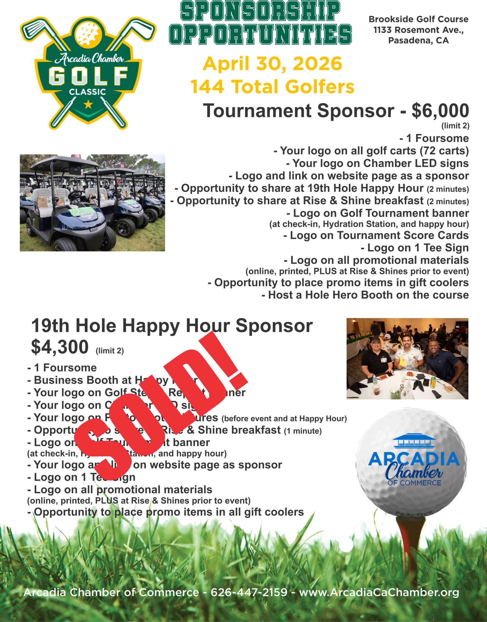 Golf Tournament Sponsorships - 2026 pg1 golf tournament sponsorship listing with SOLD on happy hour sponsorship