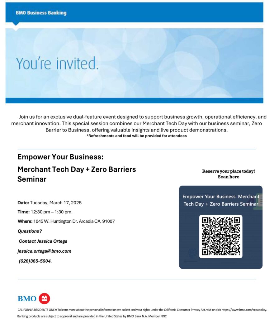 Merchant Tech Day BMO seminar flyer with QR code and information 
