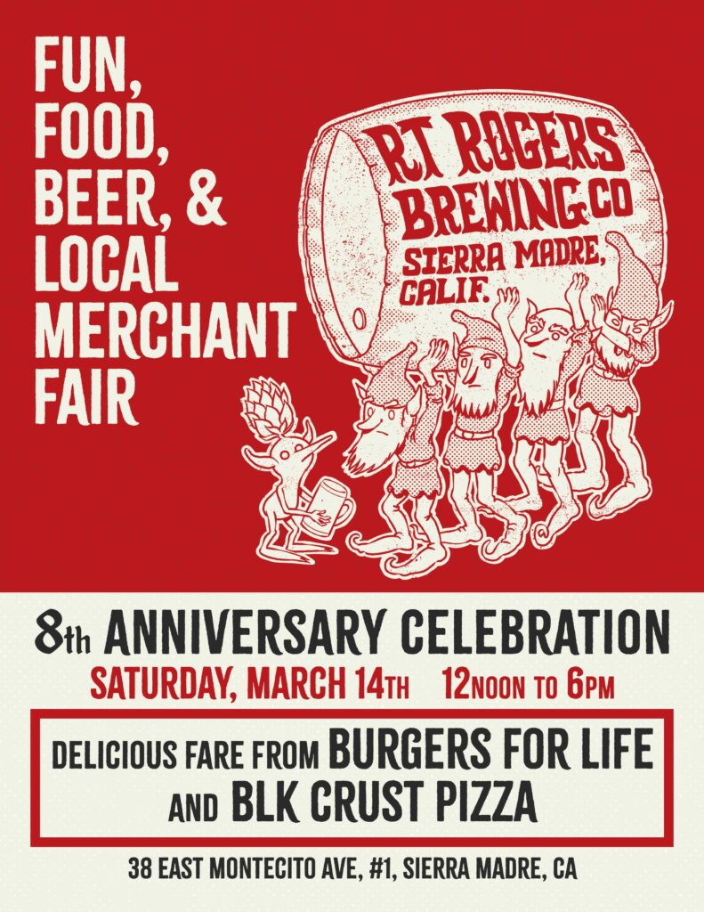 RT Rogers 8th anniversary celebration flyer with cartoon gnomes carrying a keg of beer
