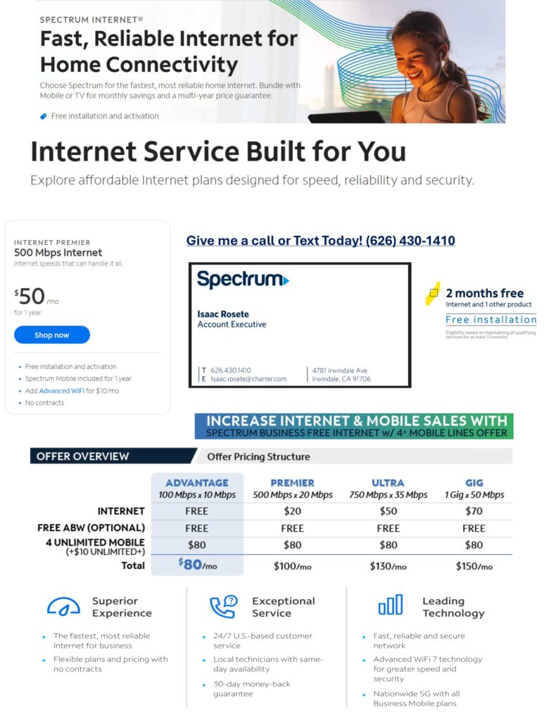 Spectrum Internet residential and commercial price range flyer 