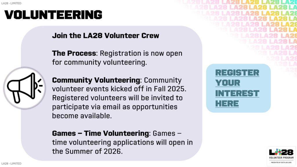 volunteering information for LA28 Plympics