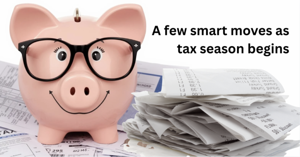 smart moves for tax season banner with a piggy bank wearing glasses 