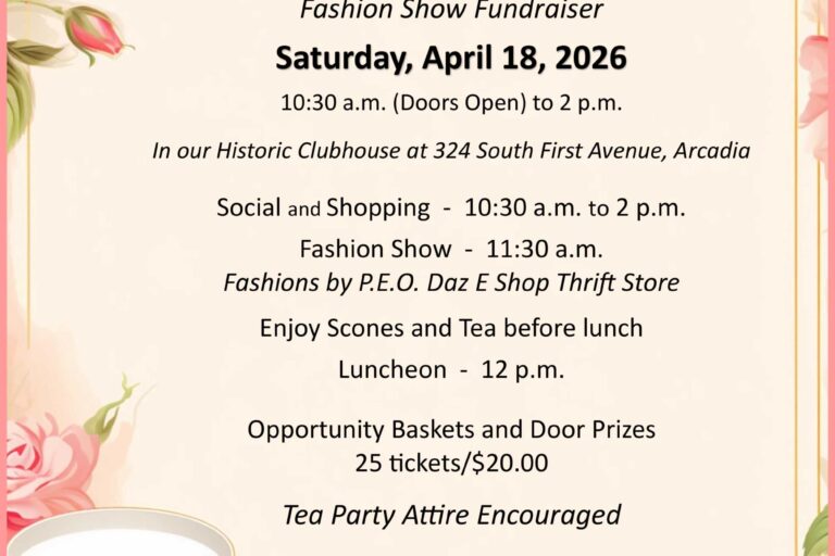 par-tea time information flyer for Arcadia Woman's Club for tea event on April 18