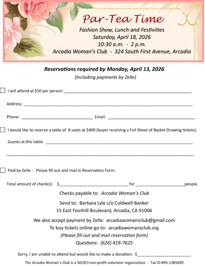 Arcadia Woman's Club par-tea event registration flyer 