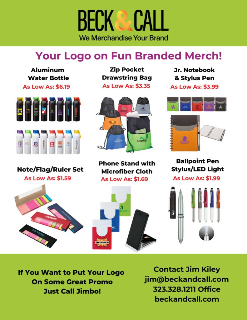 Beck&Call logo on branded merchandise flyer showing different merch options 