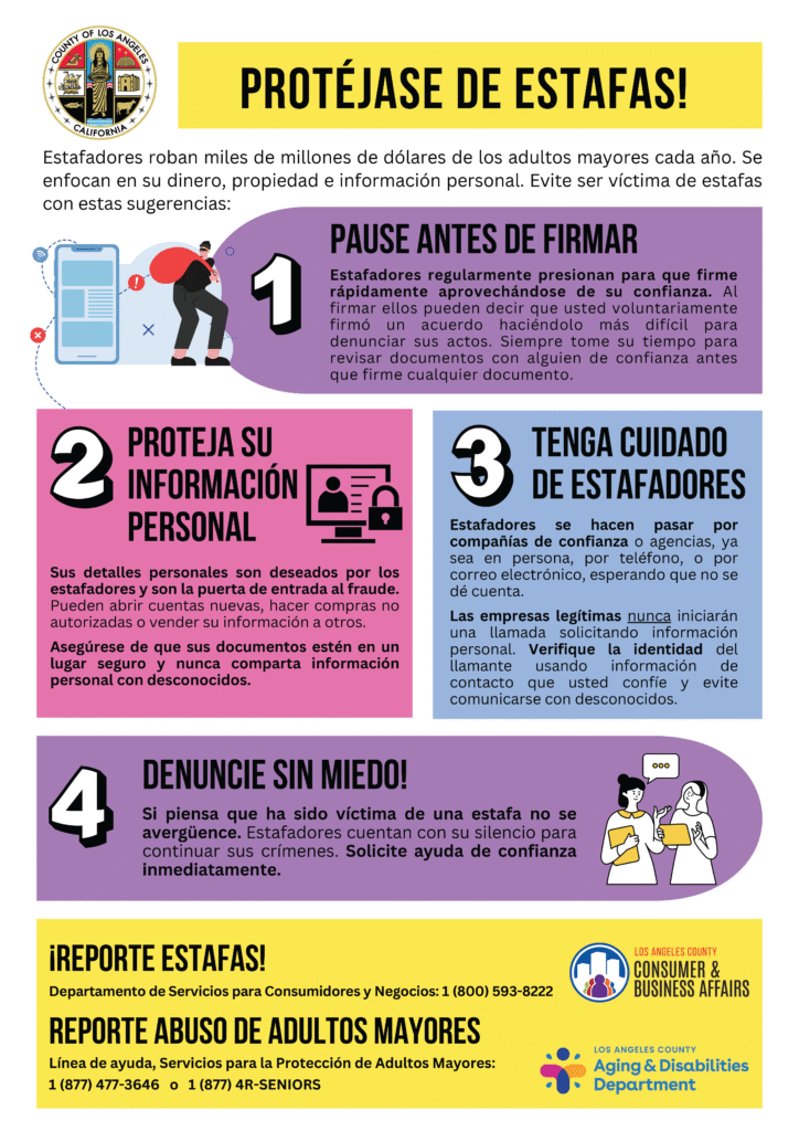 protect yourself from scams info sheet in Spanish from LA County