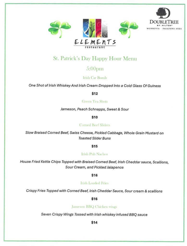 DoulbeTree and Elements St Patrick's Day menu
