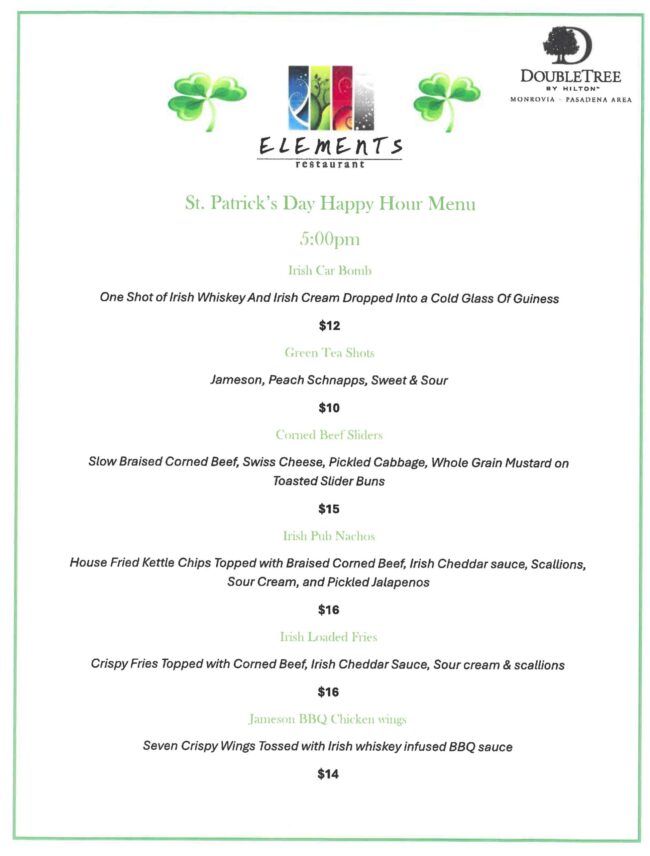 DoulbeTree and Elements St Patrick's Day menu