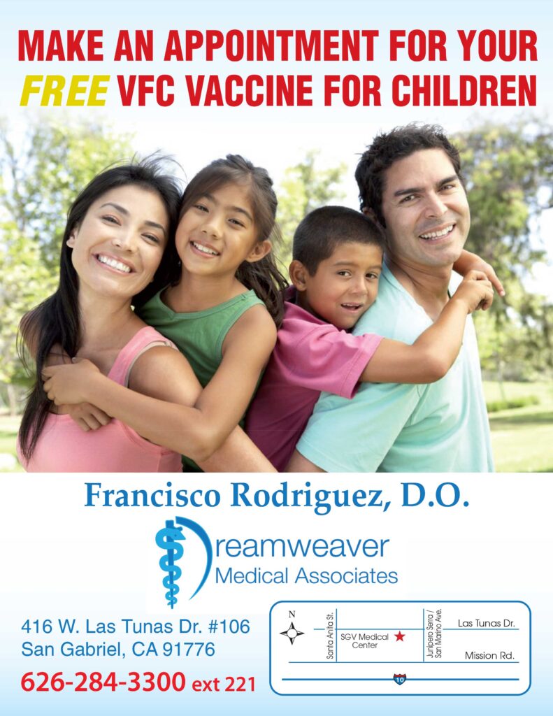Dreamweaver vaccination flyer showing a family in a park