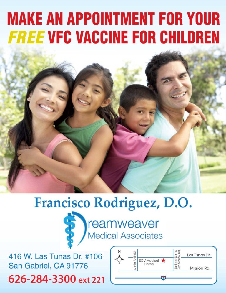 Dreamweaver vaccination flyer showing a family in a park