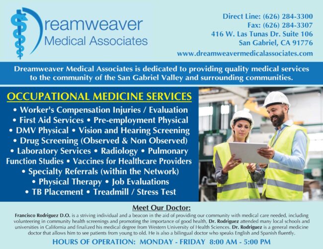 Dreamweaver occupational medicine support flyer showing two workers in hardhats and yellow vests