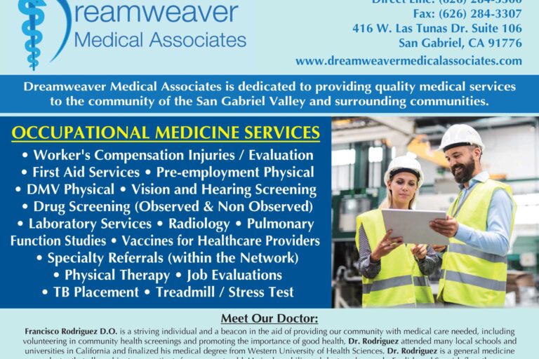 Dreamweaver occupational medicine support flyer showing two workers in hardhats and yellow vests