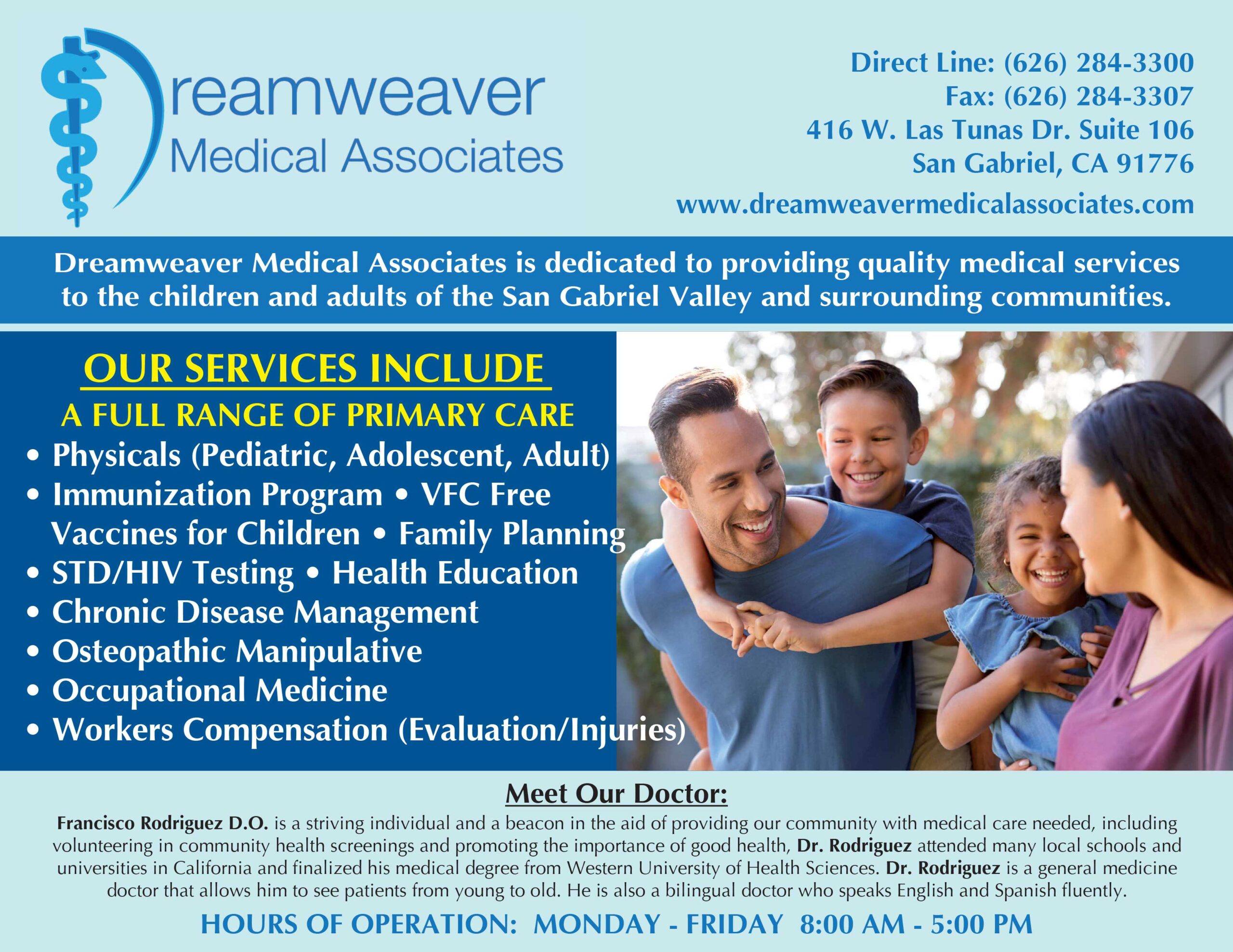 Dreamweaver primary care flyer showing a family in a park 
