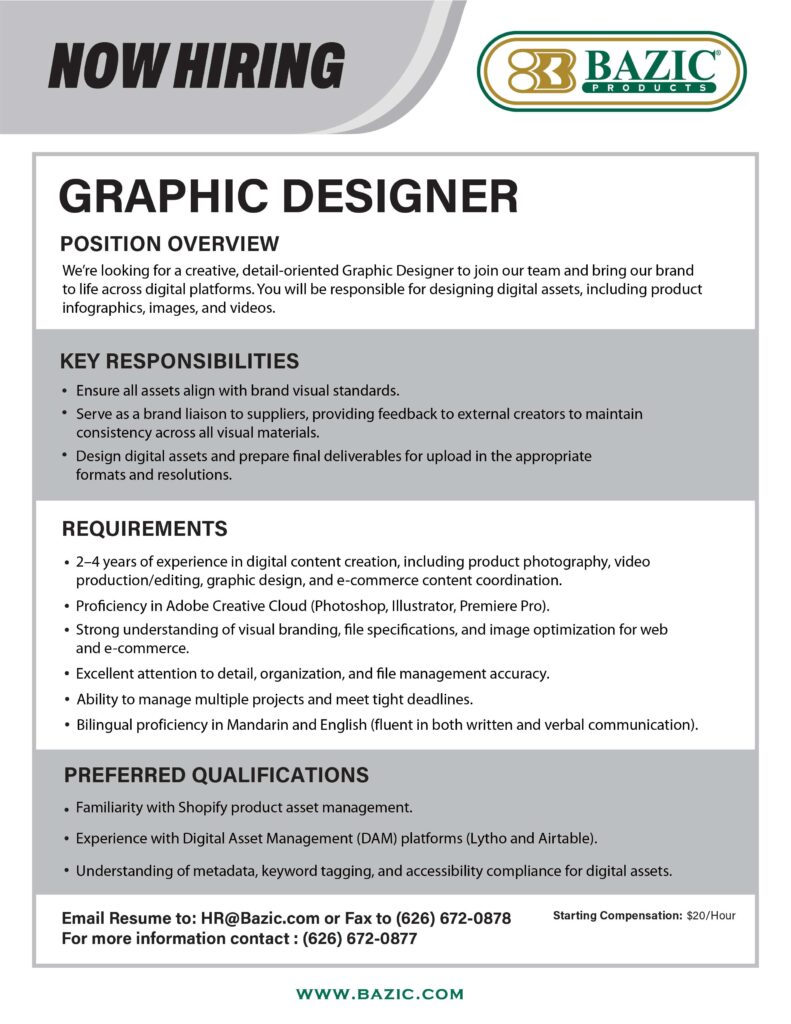 Bazic Products graphic designer job opening flyer of information