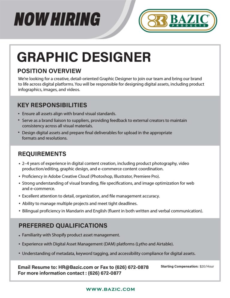 Bazic Products graphic designer job opening flyer of information