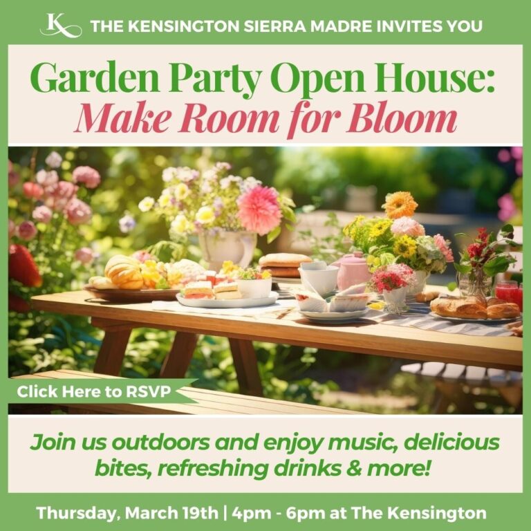 open house garden party for the Kensington Sierra Madre flyer for March 19th