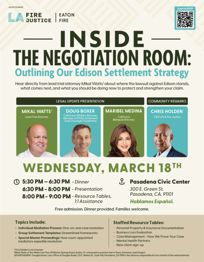 LA Fire Justice event flyer for Inside the Negotiation room on March 18 with headshots of four guest speakers