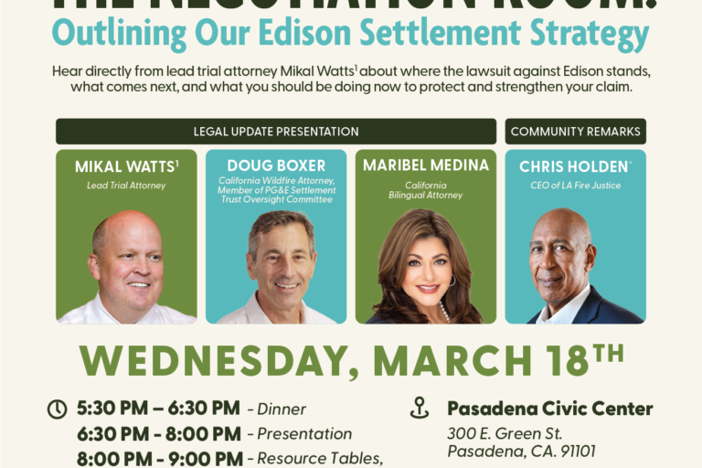 LA Fire Justice event flyer for Inside the Negotiation room on March 18 with headshots of four guest speakers