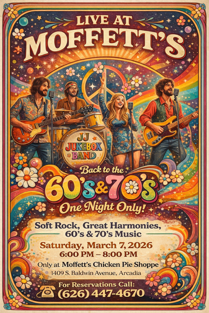 Moffett's back to the 60s and 70s music night flyer for March 7