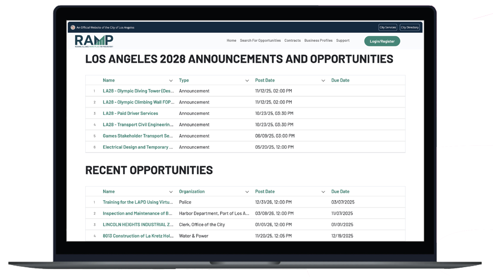 Computer screen of LA25 Olympics announcements and opportunities. 