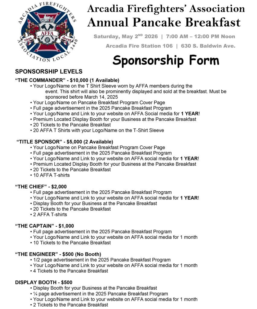 Arcadia Firefighters Association pancake breakfast sponsorship information