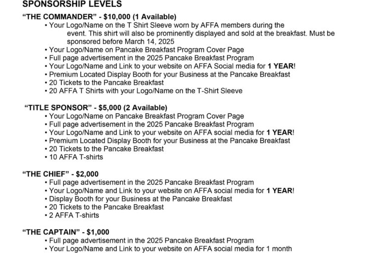 Arcadia Firefighters Association pancake breakfast sponsorship information