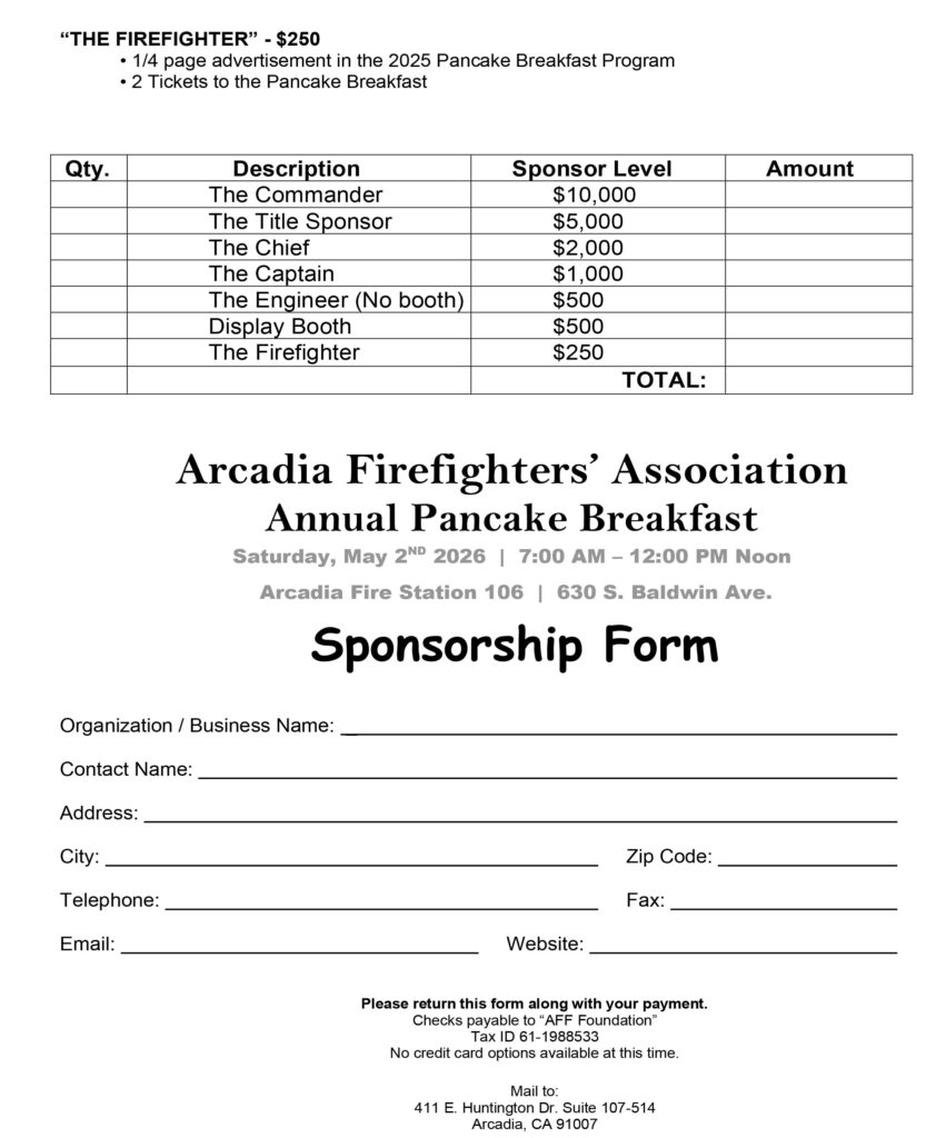 Arcadia Firefighters Association pancake breakfast sponsorship information