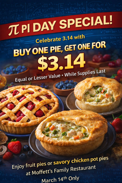 Moffett's specials for Pi day on March 14