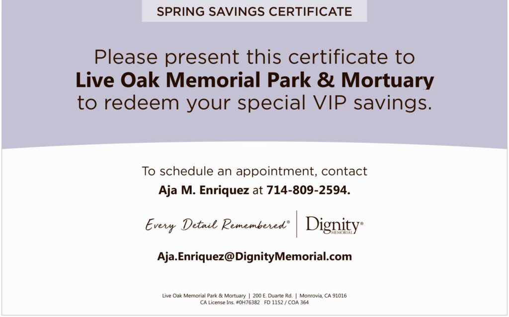 discounts available flyer for Dignity Memorial for spring savings