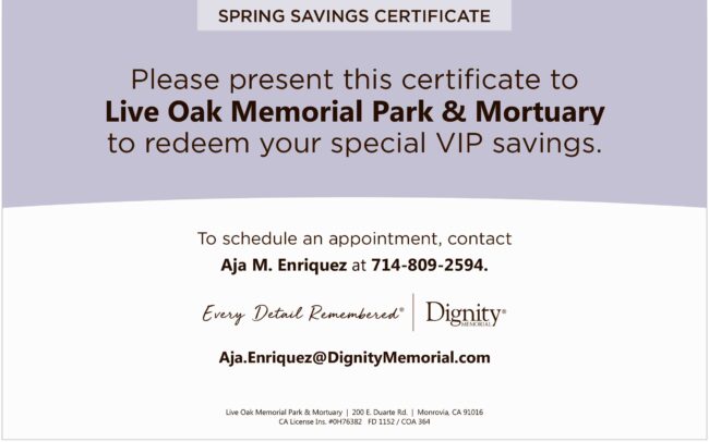discounts available flyer for Dignity Memorial for spring savings