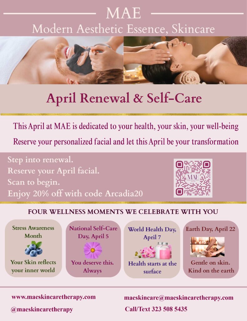 April promotional flyer from MAE Skincare with list of skincare treatments available