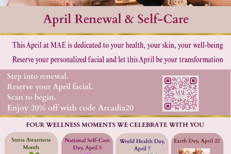 April promotional flyer from MAE Skincare with list of skincare treatments available