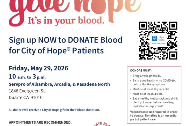 flyer for City of Hope blood drive with Servpro Arcadia
