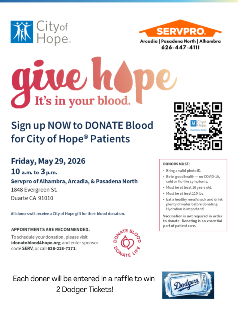 flyer for City of Hope blood drive with Servpro Arcadia