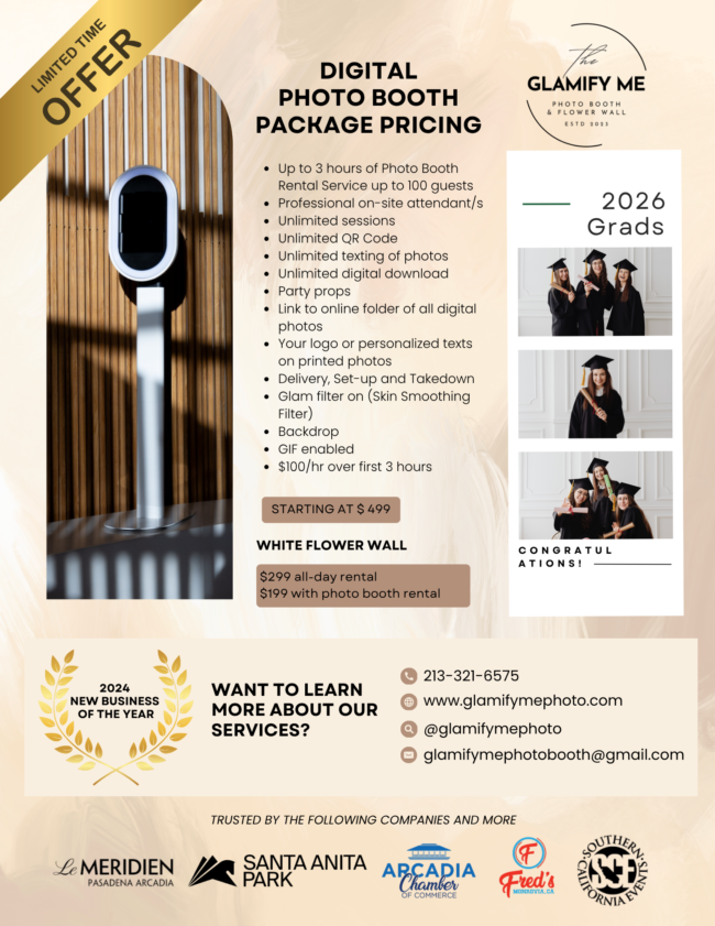 Glamify Me Photo Booth graduation promo flyer