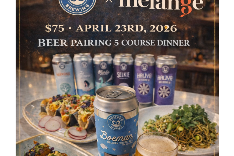 flyer for Ogopogo beer pairing at Le Meridien Hotel showing cans of beer alongside different plates of food