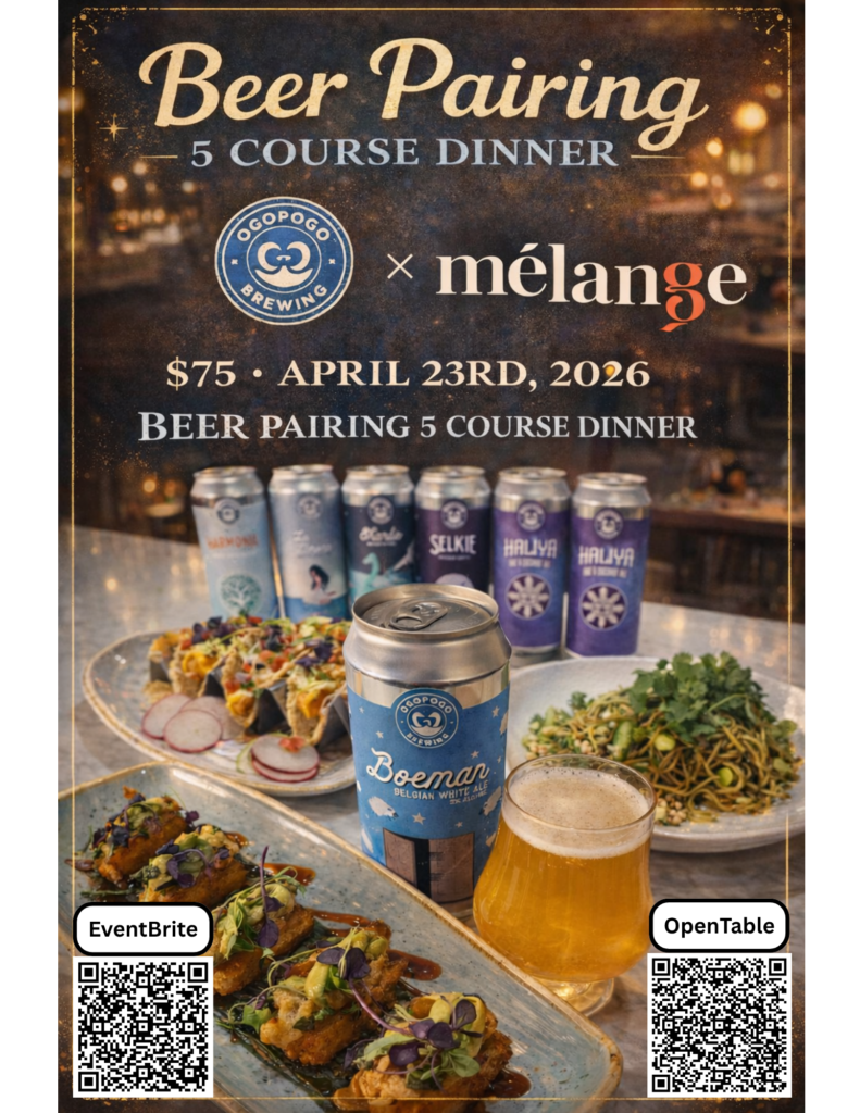 flyer for Ogopogo beer pairing at Le Meridien Hotel showing cans of beer alongside different plates of food