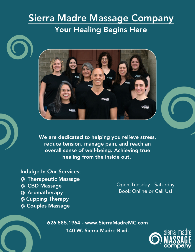 Sierra Madre Massage therapeutic massage flyer showing staff