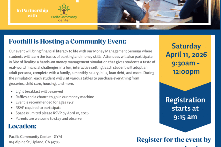 flyer for the Financial Literacy workshop with Foothill Credit Union on April 11th