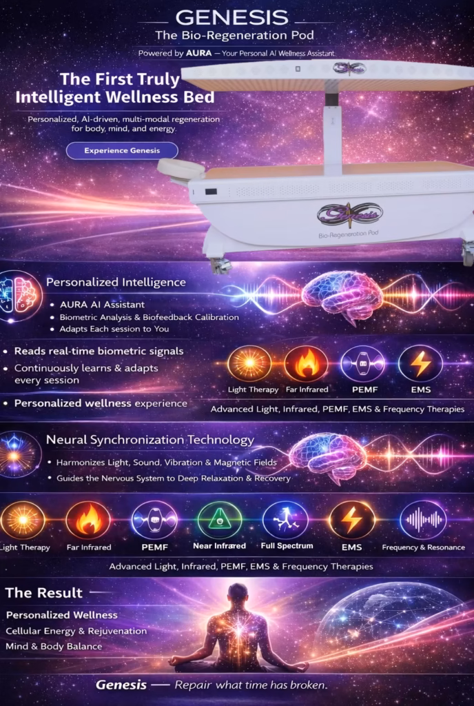 a multi level flyer of information on the Genesis AI wellness bed
