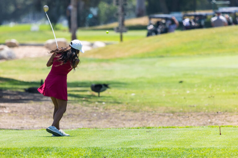 a woman in a pink dress drives a ball on the golf course