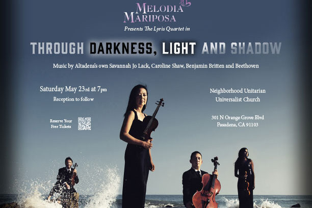 through darkess, light and shadow concert, with Melodia Mariposa flyer showing a string quartet in the ocean