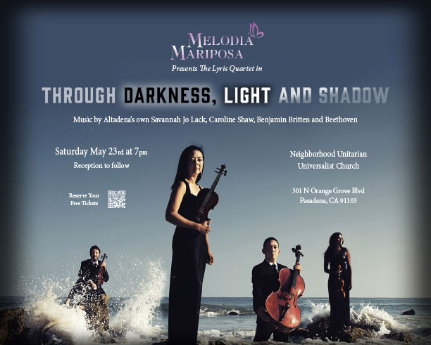 through darkess, light and shadow concert, with Melodia Mariposa flyer showing a string quartet in the ocean