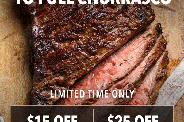 Fogo-de-Chao churrasco deal at Fogo de Chao flyer showing a cup up piece of cooked meat