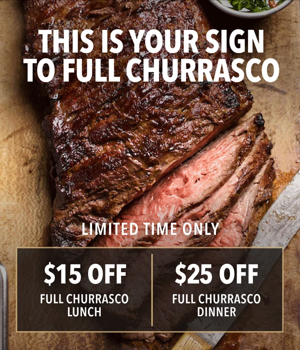 churrasco deal at Fogo de Chao flyer showing a cup up piece of cooked meat