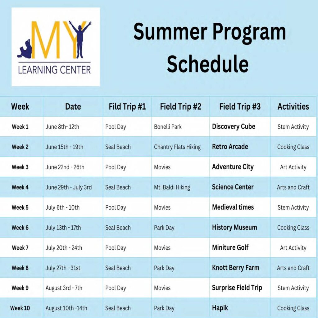 My Learning Center summer program schedule 