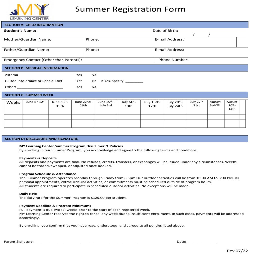 my learning center summer camp registration form