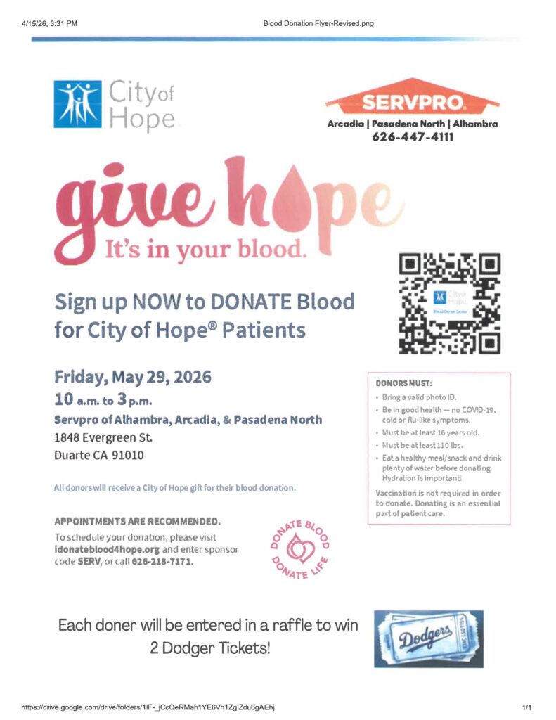 give blood at Servpro and City of Hope blood drive flyer